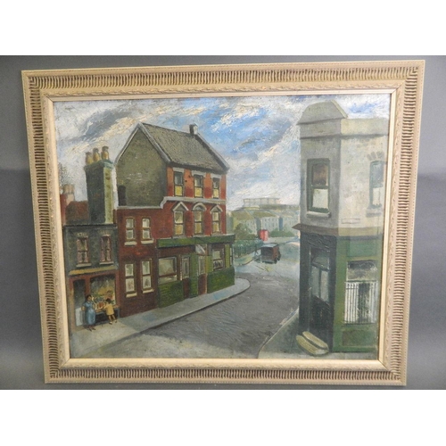 627 - An English Northern School oil on canvas, street scene with figures at a shop, in the manner of Alan... 