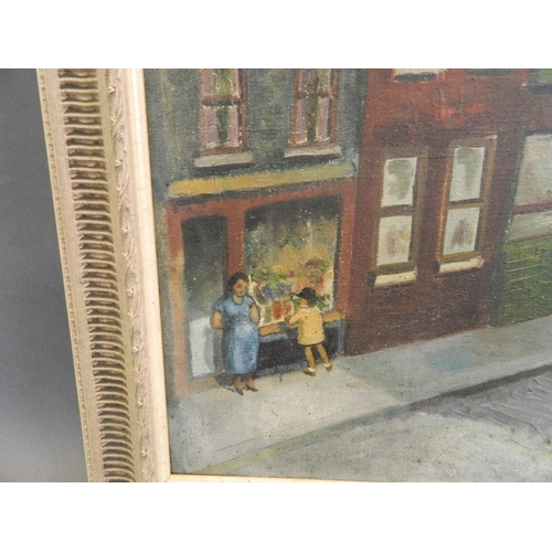 627 - An English Northern School oil on canvas, street scene with figures at a shop, in the manner of Alan... 