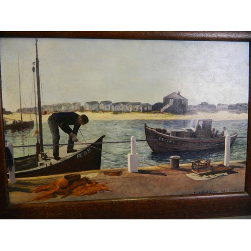 628 - An oil on board, 'Mudeford Quay, 1969', river scene with fishing boats and figure mooring up, monogr... 