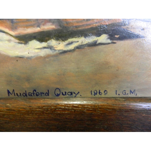 628 - An oil on board, 'Mudeford Quay, 1969', river scene with fishing boats and figure mooring up, monogr... 