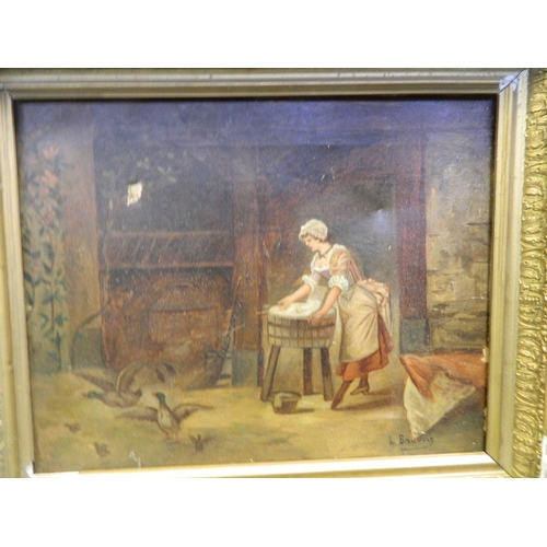 630 - L. Boudoin, C19th oil on canvas, girl by a wash tub chasing off ducks and other birds by flicking wa... 