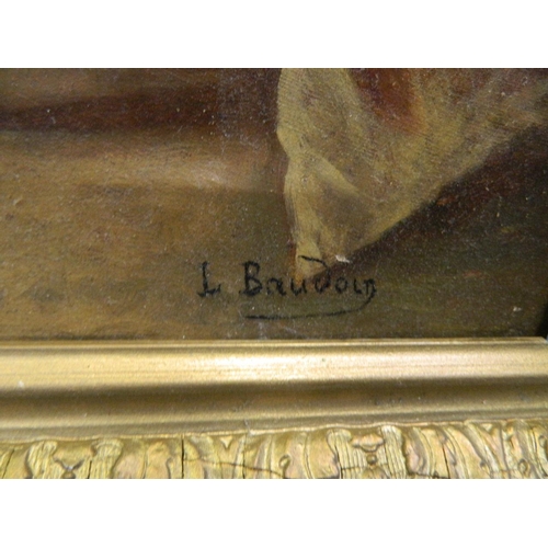 630 - L. Boudoin, C19th oil on canvas, girl by a wash tub chasing off ducks and other birds by flicking wa... 