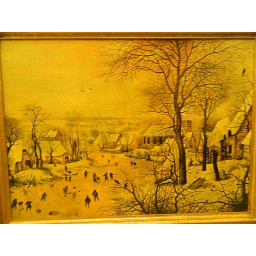 631 - A canvas print of a winter scene, after Breugel, in a gilt frame, 22