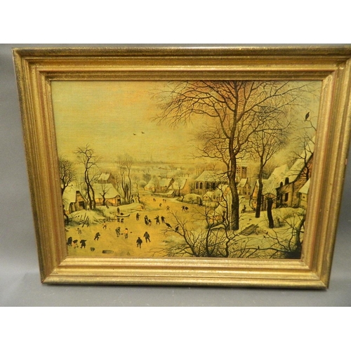 631 - A canvas print of a winter scene, after Breugel, in a gilt frame, 22