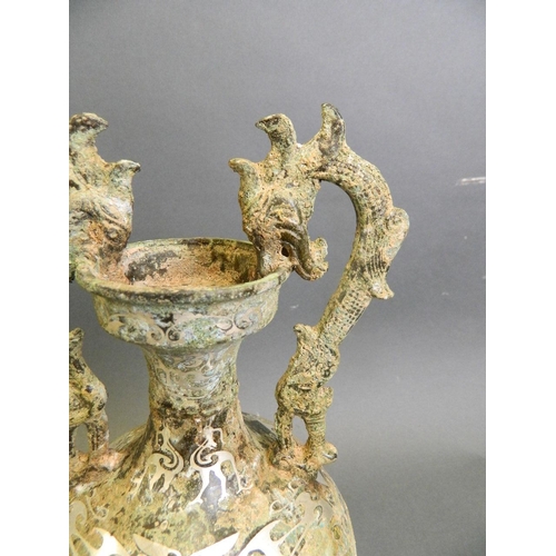 66 - A Song style patinated mixed metal vase with twin dragon handles and archaic style decoration, 4 cha... 