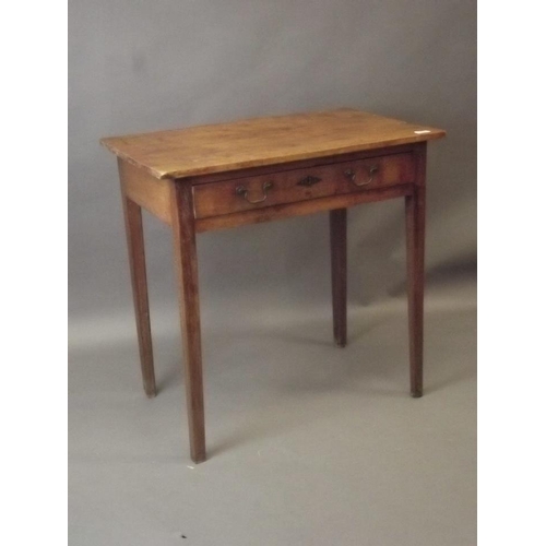 854 - A C19th fruit wood single drawer side table, raised on square tapering supports, 30