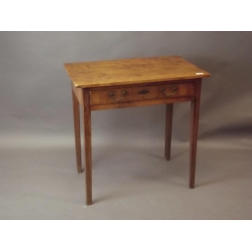 854 - A C19th fruit wood single drawer side table, raised on square tapering supports, 30