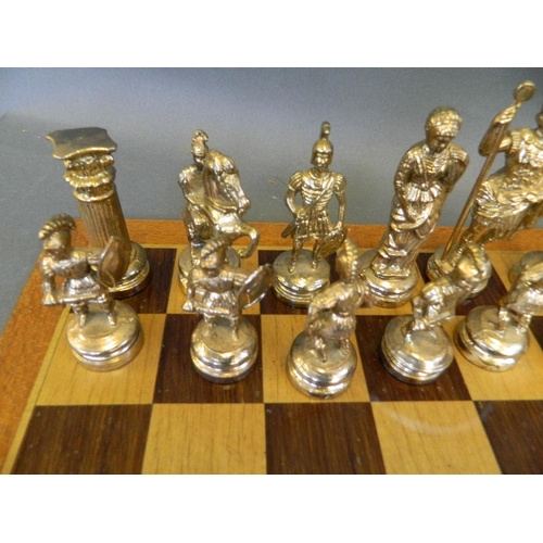 1 - A complete metal chess set cast as Roman soldiers, and a boxwood board, king 4