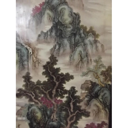 124 - A Chinese famille verte enamel porcelain panel depicting a mountain landscape, mounted in a hardwood... 