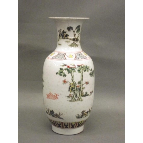 137 - A Chinese famille verte vase with enamel decoration of figures under a gazebo, 6 character mark to b... 