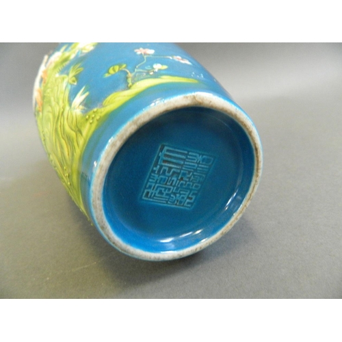 139 - A Chinese blue ground vase with moulded and enamel relief stork decoration, seal mark to base, 9