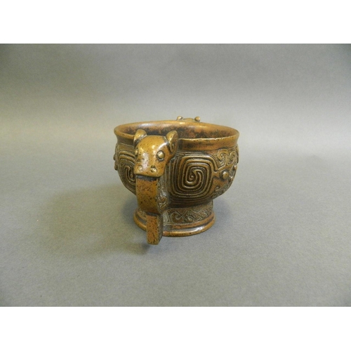 15 - A Chinese archaic bronze censer with twin elephant mask handles, 3