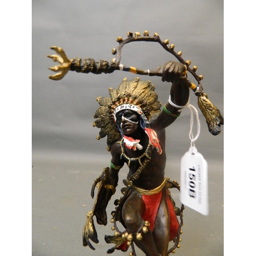 150B - A cold painted bronze figure of a Native American in feathered headdress, 9