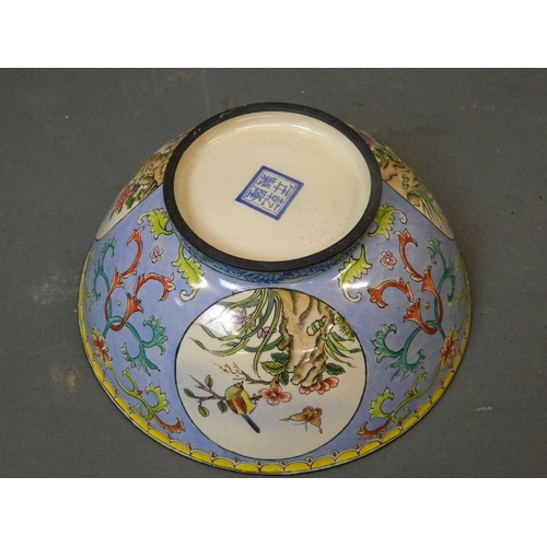 150P - A Cantonese enamel bowl with exotic bird decoration, 6½