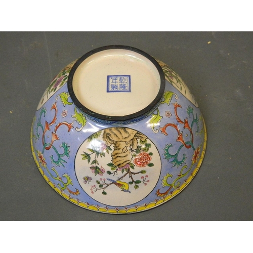 150P - A Cantonese enamel bowl with exotic bird decoration, 6½