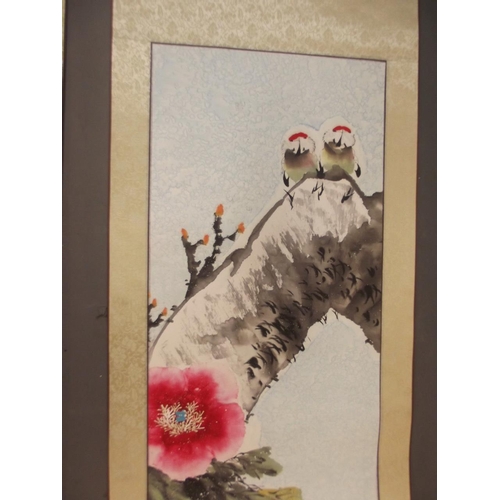 182 - A Chinese watercolour scroll with twin bird and floral decoration, together with another scroll deco... 