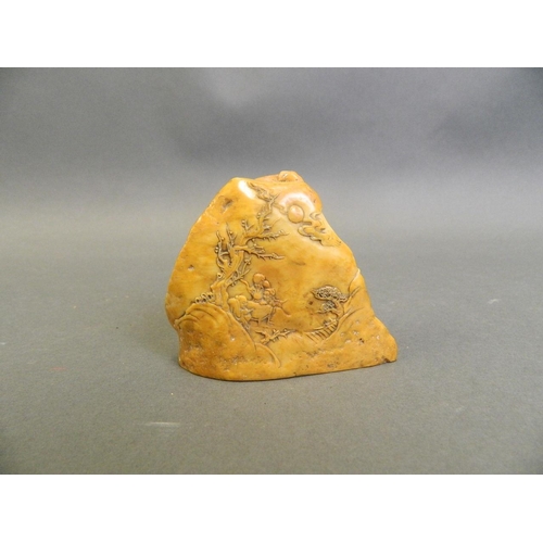 190 - An early Chinese soapstone seal with carved decoration of sages in mountain landscapes, 3