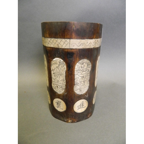 2 - A Chinese bamboo brush pot with inlaid composition panel depicting calligraphy and figures, 6