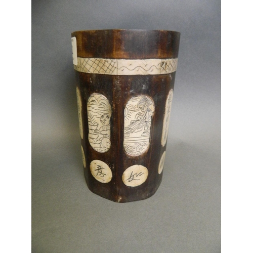 2 - A Chinese bamboo brush pot with inlaid composition panel depicting calligraphy and figures, 6