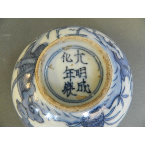 207 - A Chinese blue and white porcelain rice bowl with painted decoration of birds and deer in a rural la... 