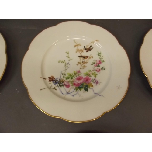 236 - A collection of French dessert plates with hand painted decoration of birds and flowers, inscribed t... 