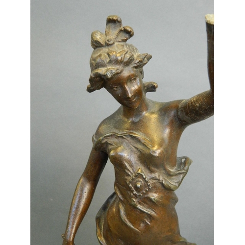 245 - A spelter sculpture of a female musician, after Ferrand, mounted on a marbleised wood plinth, 17