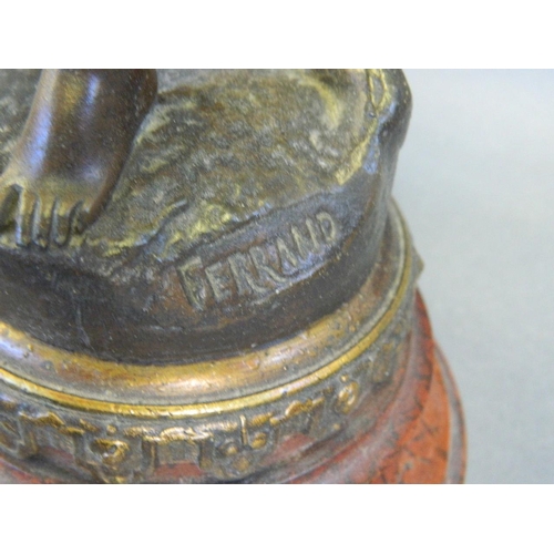 245 - A spelter sculpture of a female musician, after Ferrand, mounted on a marbleised wood plinth, 17