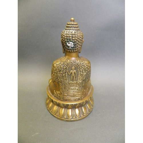 27 - A Chinese bronze figure of Buddha seated on a lotus throne, 4 character mark to base, 6½