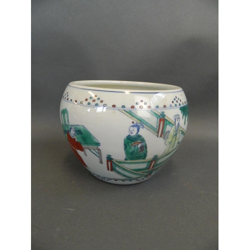 279 - A Chinese famille verte enamel porcelain pot decorated with dignitaries and warriors in a garden, 8