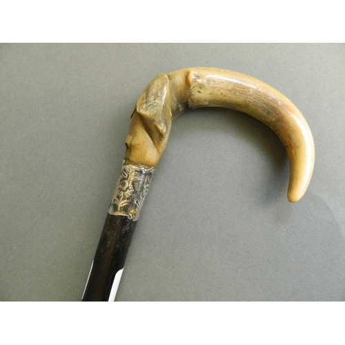 306 - A horn handled ebonised walking cane with embossed white metal collar, 29½