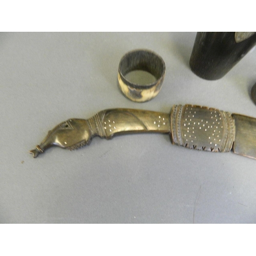 319 - A silver studded carved horn knife, the handle carved in the form of a bird eating a fish, together ... 