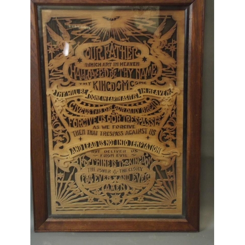 320 - A fretwork panel of The Lord's Prayer, framed and glazed, 18