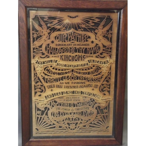 320 - A fretwork panel of The Lord's Prayer, framed and glazed, 18