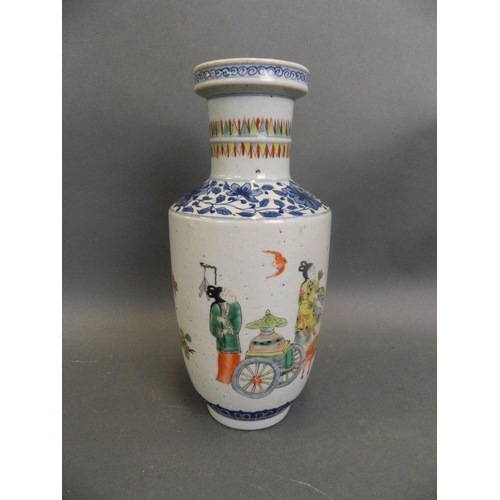 396 - An early Chinese famille verte enamel porcelain vase decorated with four travellers and a deer in a ... 