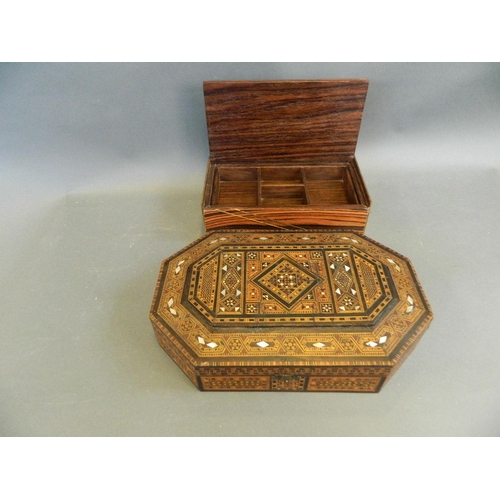 413 - A Moorish octagonal jewellery box inlaid with Mother of Pearl and exotic wood decoration, and a cont... 