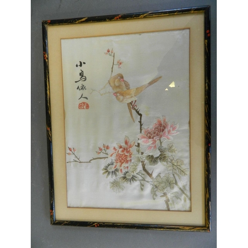 429 - Two Chinese embroidered silk panels depicting birds on flowering branches, framed, 9