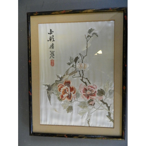 429 - Two Chinese embroidered silk panels depicting birds on flowering branches, framed, 9