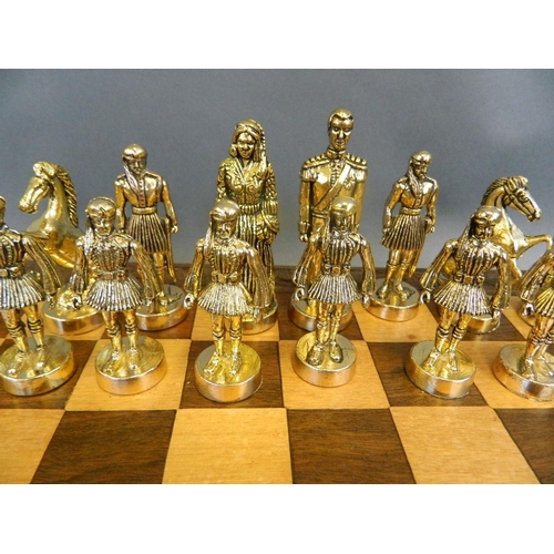 446 - A complete cast metal chess set, the pieces formed as Greek characters, in an inlaid carved wood box... 