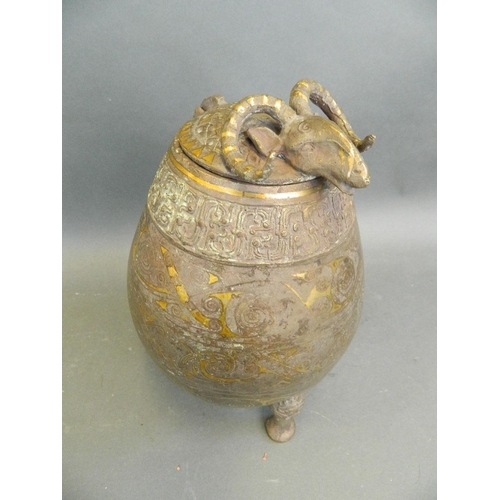 449 - A Chinese Song style mixed metal jar and cover with silver gilt archaic decoration and a ram knop, o... 