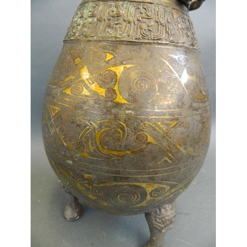 449 - A Chinese Song style mixed metal jar and cover with silver gilt archaic decoration and a ram knop, o... 