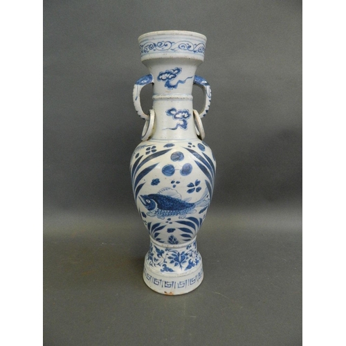 456 - A large Chinese Ming style blue and white porcelain vase with twin elephant mask handles and painted... 