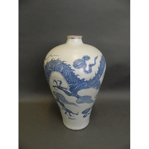 458 - A large Chinese Ming style meiping vase decorated with a dragon chasing the flaming pearl, 16½