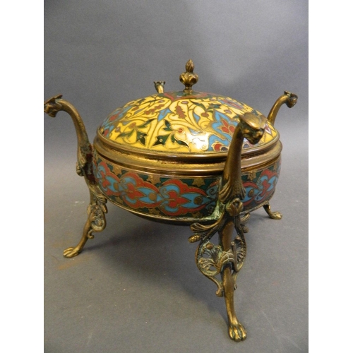 470 - F. Barbedienne, fine bronze lidded jewellery casket with gilt interior and champlevé enamelled decor... 