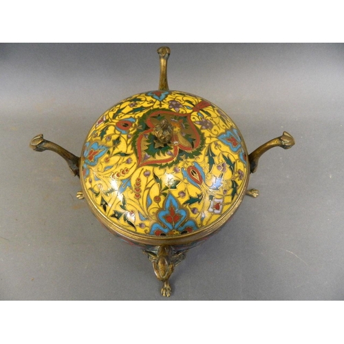 470 - F. Barbedienne, fine bronze lidded jewellery casket with gilt interior and champlevé enamelled decor... 