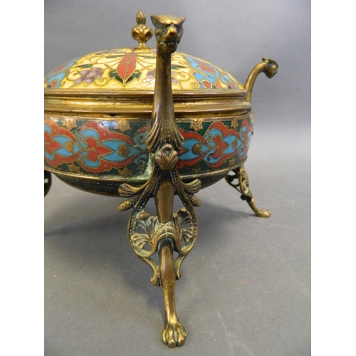 470 - F. Barbedienne, fine bronze lidded jewellery casket with gilt interior and champlevé enamelled decor... 