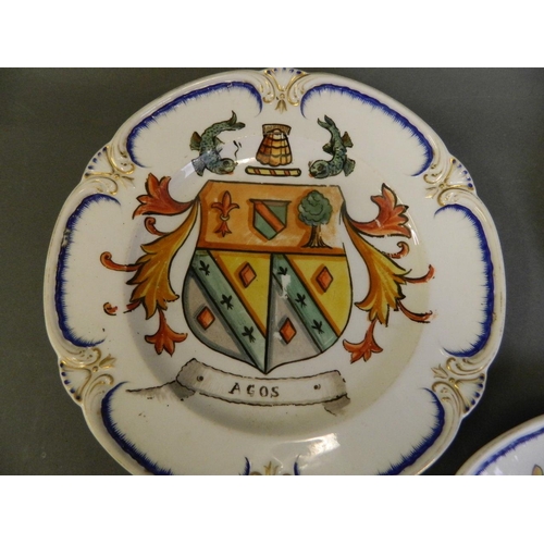 478 - Three C19th porcelain plates with later painted coat of arms decoration, impressed Lozenge marks, 10... 