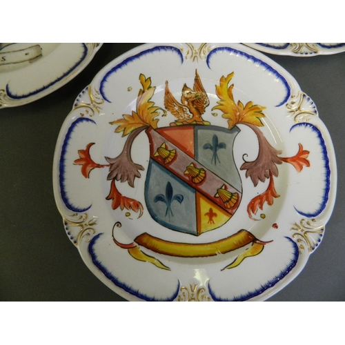 478 - Three C19th porcelain plates with later painted coat of arms decoration, impressed Lozenge marks, 10... 