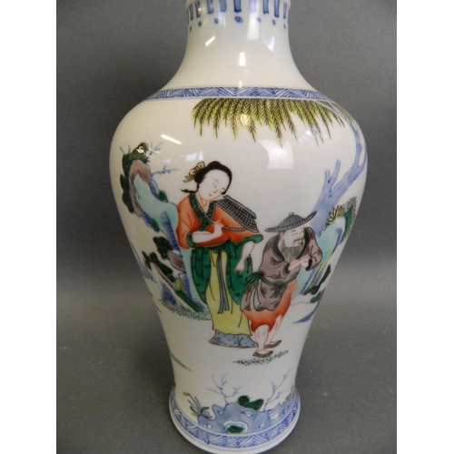 480 - A Chinese famille verte porcelain vase with enamelled decoration of a fisherman and three travellers... 