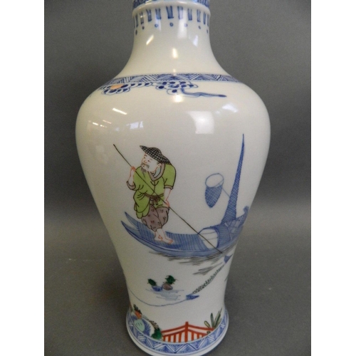 480 - A Chinese famille verte porcelain vase with enamelled decoration of a fisherman and three travellers... 