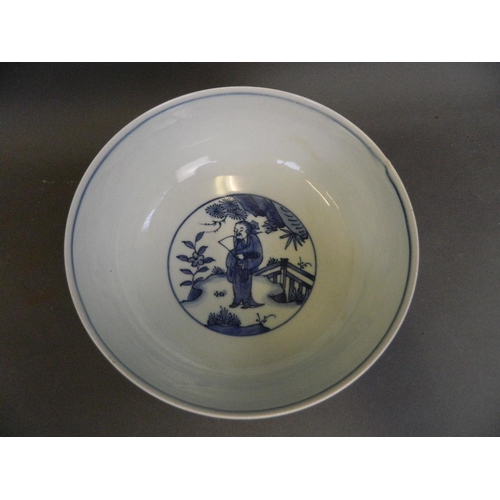 496 - A Chinese blue and white porcelain bowl with decorative panels depicting scholars, 4 character mark ... 